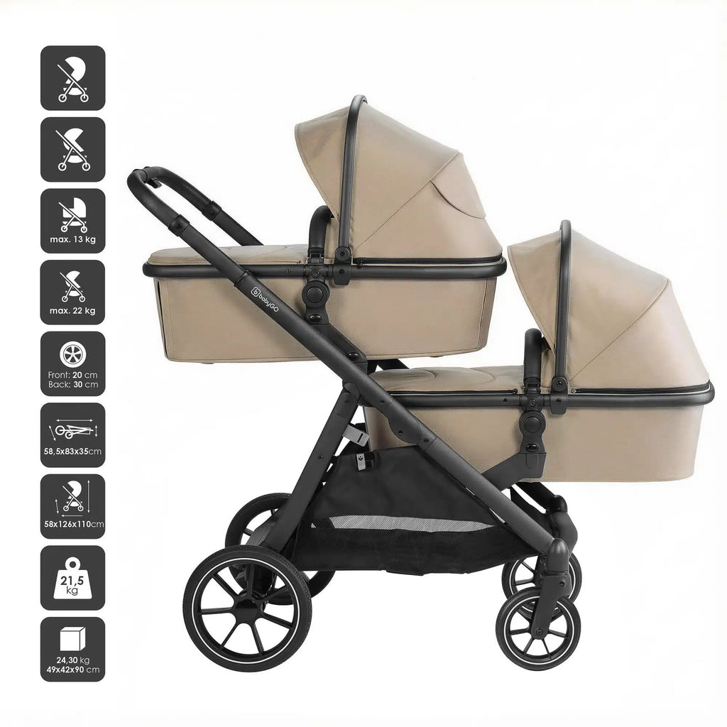 RetailSync:12875 BabyGo DUO Twin Stroller - Seats & Bassinets inc. Adapters