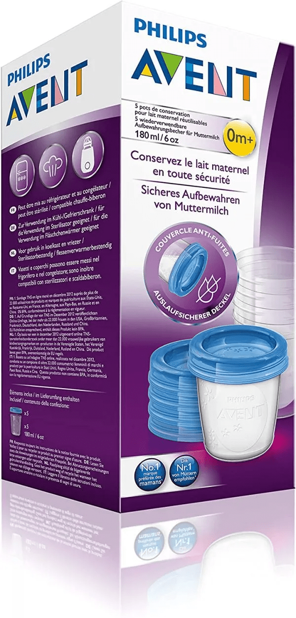 Avent Philips Breast Milk Containers x5 cups x5 lids 180ml
