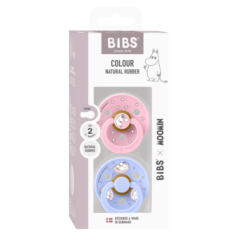 Bibs Colours Soother – Natural Rubber – 2 pack – Size 2 – X Moomin Baby Pink