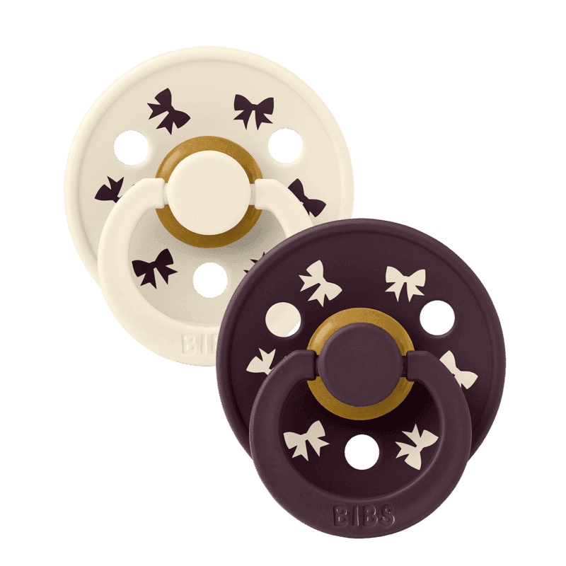 Bibs Colours Soother – Natural Rubber – 2 pack – Size 1 – Holiday Bow Ivory/Plum