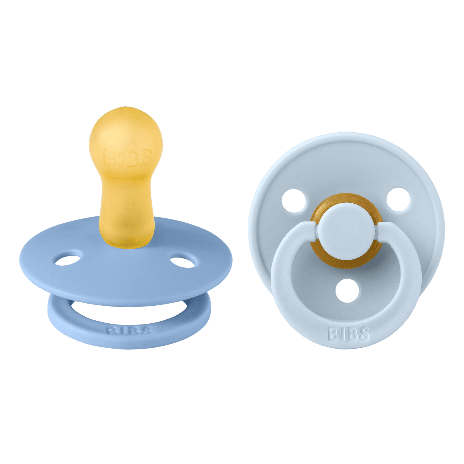 Bibs Colours Soother – Natural Rubber – 2 pack – Size 2 – Round -Sky Blue & Baby Blue